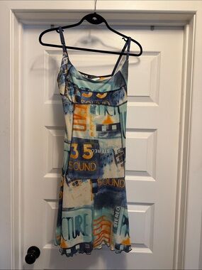 Graphic Print Slip Dress in Teal & Orange
